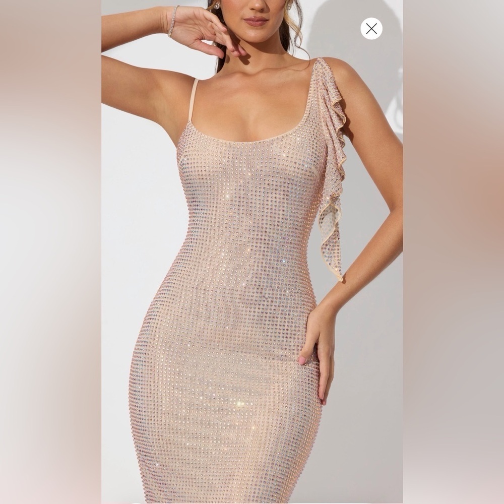 OH Polly Annelise Embellished Draped Ruffle Maxi Dress in Champagne US 8 UK 12 - Picture 4 of 7